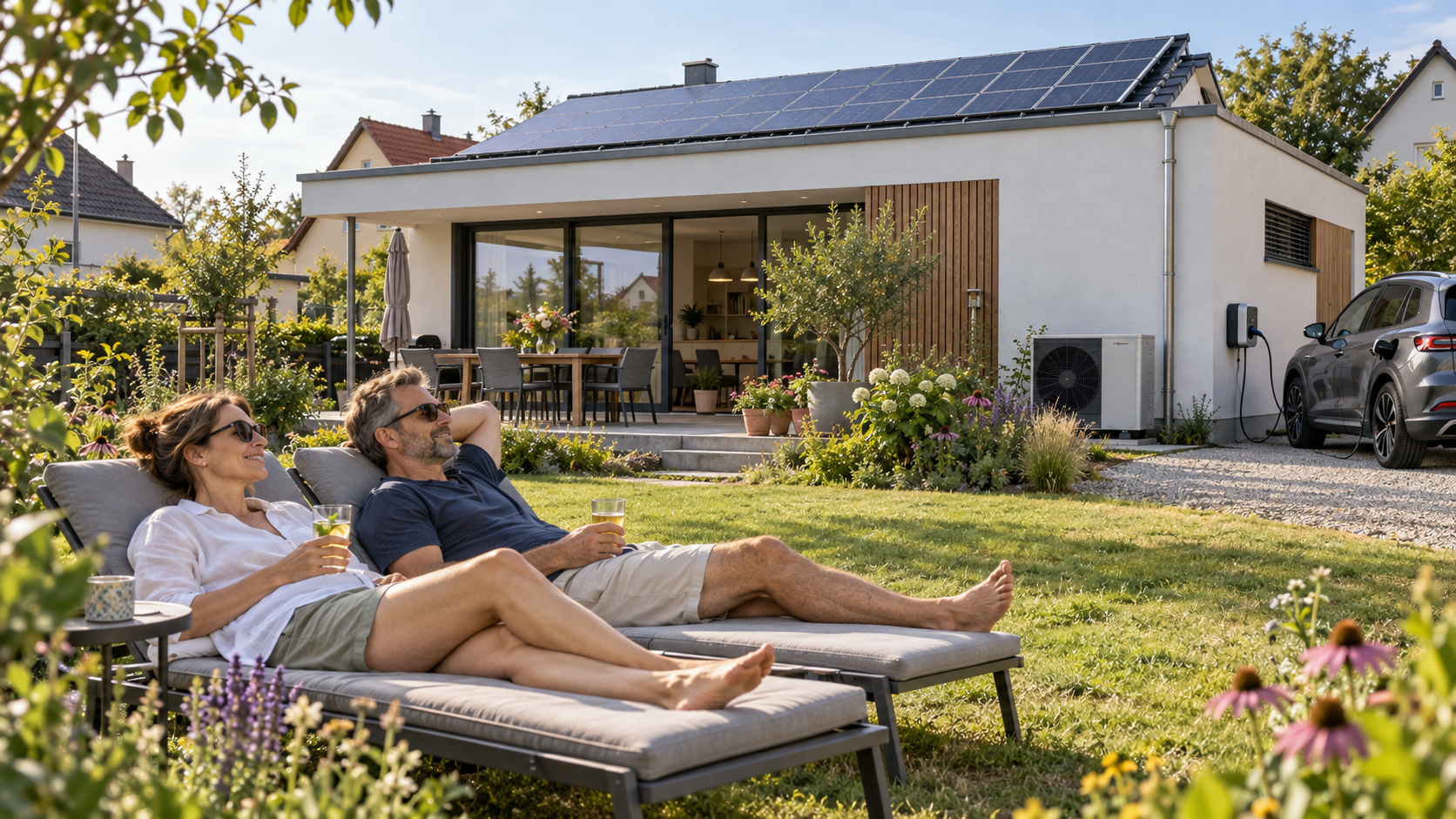 Moderner Garten mit nachhaltiger Energielösung